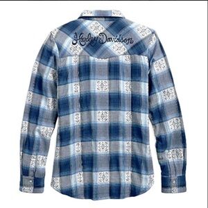 Women’s Blue Paid Harley Davidson Flannel Shirt Button Up Motorcycle Club Medium